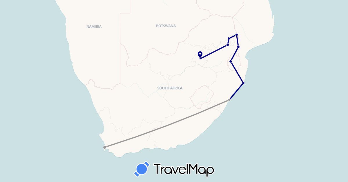 TravelMap itinerary: driving, plane in Swaziland, South Africa (Africa)